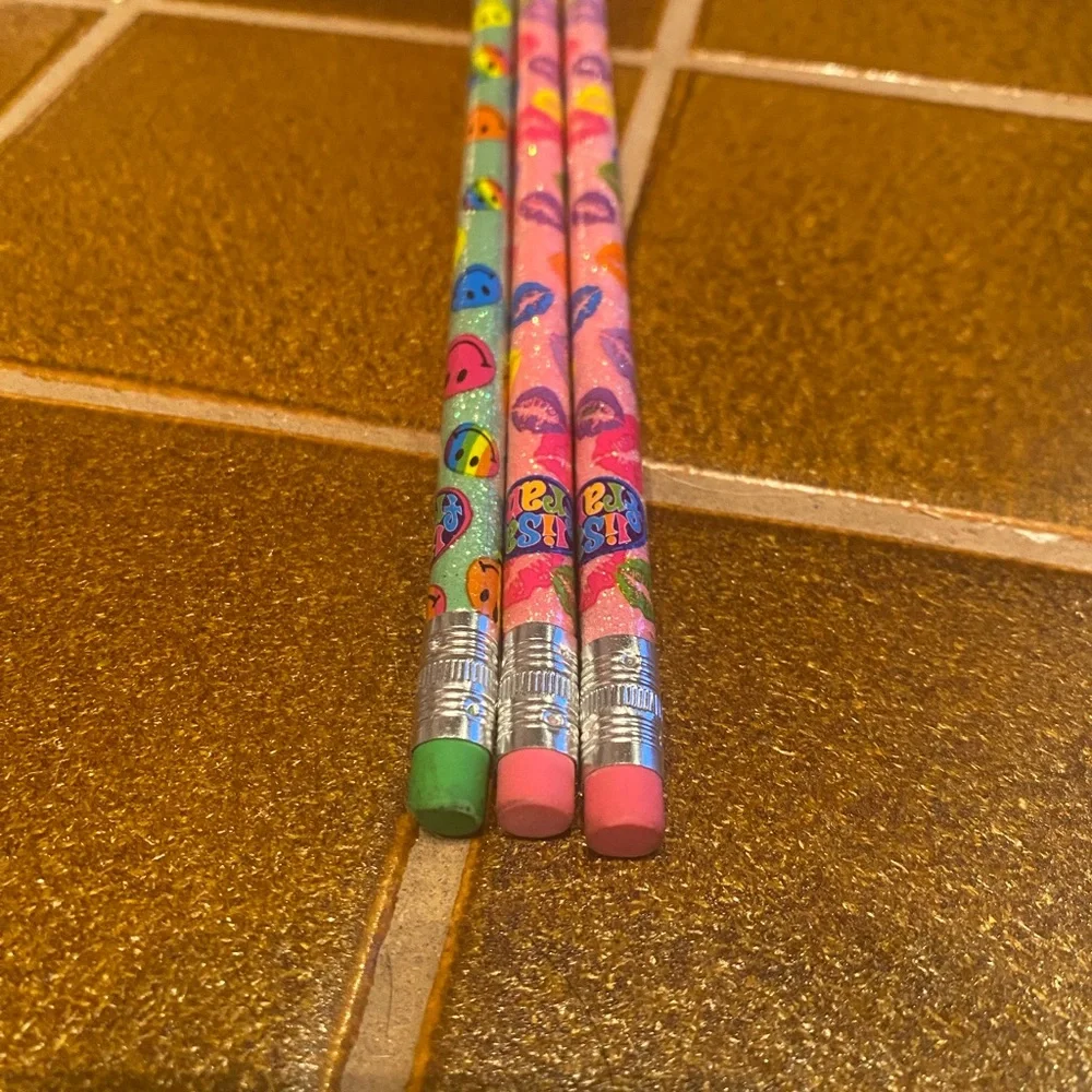 Vintage Lisa Frank NEW Y2K Lot of 3 Glitter Emoji Wooden pencils - mint and pink